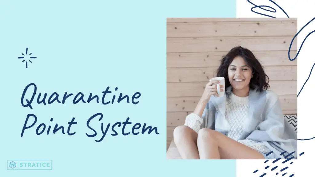 A cover photo for the Stratice blog "Quarantine Point System." A girl is curled up on a bed with a blanket and coffee cup.